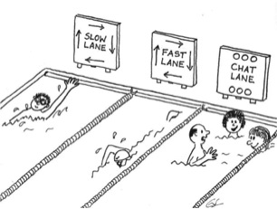 Cartoon of swimmers chatting in the slow lane
